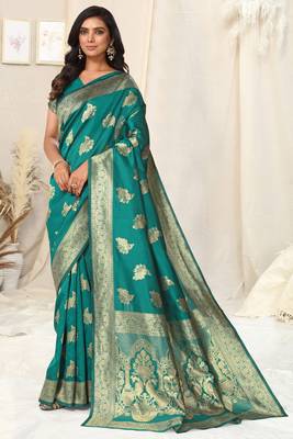 Teal Banarasi silk blendWoven Peacock Ethnic Motif Zari Border Saree With Unstitched Blouse Piece 1