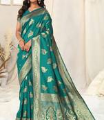 Teal Banarasi silk blendWoven Peacock Ethnic Motif Zari Border Saree With Unstitched Blouse Piece