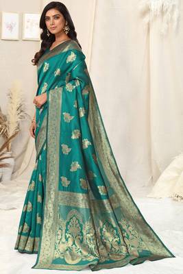 Teal Banarasi silk blendWoven Peacock Ethnic Motif Zari Border Saree With Unstitched Blouse Piece 3