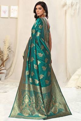 Teal Banarasi silk blendWoven Peacock Ethnic Motif Zari Border Saree With Unstitched Blouse Piece 4