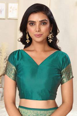 Teal Banarasi silk blendWoven Peacock Ethnic Motif Zari Border Saree With Unstitched Blouse Piece 5