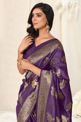 Purple Banarasi silk blendWoven Peacock Ethnic Motif Zari Border Saree With Unstitched Blouse Piece 2