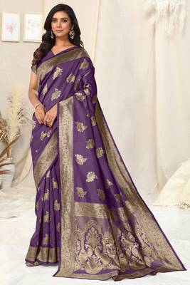 Purple Banarasi silk blendWoven Peacock Ethnic Motif Zari Border Saree With Unstitched Blouse Piece 3