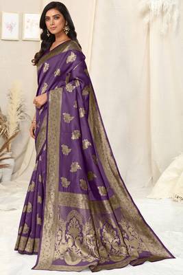 Purple Banarasi silk blendWoven Peacock Ethnic Motif Zari Border Saree With Unstitched Blouse Piece 1