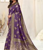 Purple Banarasi silk blendWoven Peacock Ethnic Motif Zari Border Saree With Unstitched Blouse Piece
