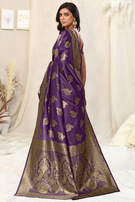Purple Banarasi silk blendWoven Peacock Ethnic Motif Zari Border Saree With Unstitched Blouse Piece 4