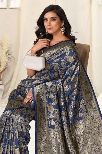 Navy Blue Faux Banarasi Silk Woven Ethnic Motif Zari Border Saree With Unstitched Blouse Piece