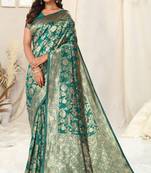 Teal Faux Banarasi Silk Woven Ethnic Motif Zari Border Saree With Unstitched Blouse Piece