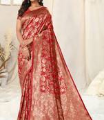 Red Banarasi silk blendWoven Ethnic Motif Zari Border Saree With Unstitched Blouse Piece
