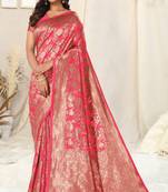 Pink Banarasi silk blendWoven Ethnic Motif Zari Border Saree With Unstitched Blouse Piece