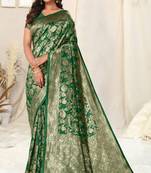 Green Faux Banarasi Silk Woven Ethnic Motif Zari Border Saree With Unstitched Blouse Piece
