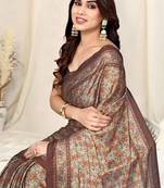 Brown chiffon leaf floral print saree with unstitched blouse piece
