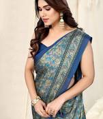 Blue Chiffon Leaf Floral Print Saree With Unstitched Blouse Piece