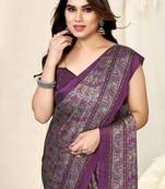 Purple chiffon leaf floral print saree with unstitched blouse piece