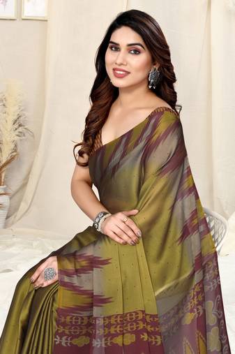 Mustard chiffon ikkat print geometric saree with unstitched blouse piece