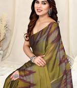 Mustard chiffon ikkat print geometric saree with unstitched blouse piece