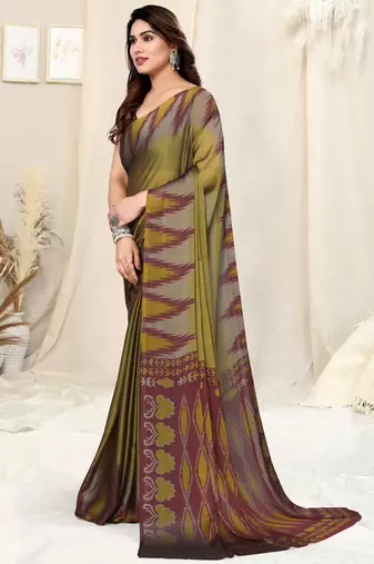 Mustard chiffon ikkat print geometric saree with unstitched blouse piece