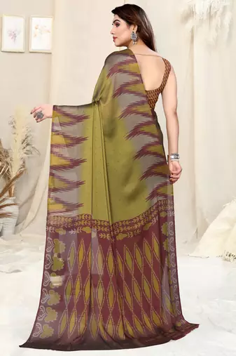 Mustard chiffon ikkat print geometric saree with unstitched blouse piece