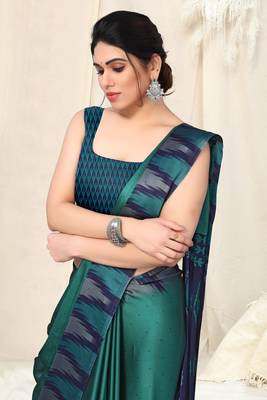 Teal Chiffon Ikkat Print Geometric Saree With Unstitched Blouse Piece 1