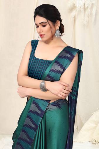Teal Chiffon Ikkat Print Geometric Saree With Unstitched Blouse Piece