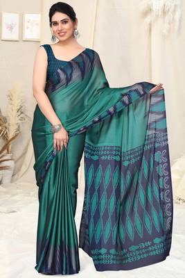 Teal Chiffon Ikkat Print Geometric Saree With Unstitched Blouse Piece 2