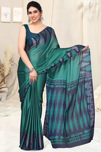 Teal Chiffon Ikkat Print Geometric Saree With Unstitched Blouse Piece
