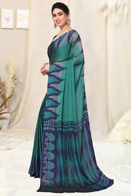 Teal Chiffon Ikkat Print Geometric Saree With Unstitched Blouse Piece 3