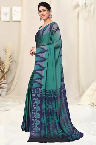 Teal Chiffon Ikkat Print Geometric Saree With Unstitched Blouse Piece
