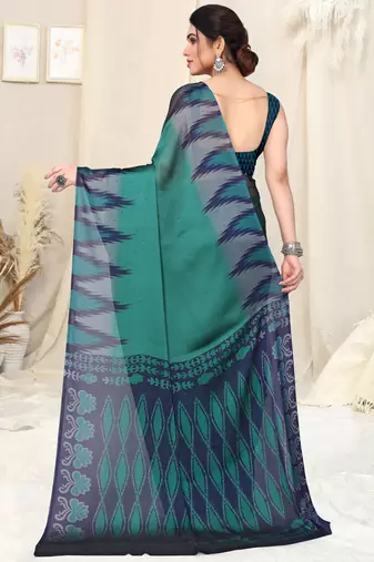 Teal Chiffon Ikkat Print Geometric Saree With Unstitched Blouse Piece