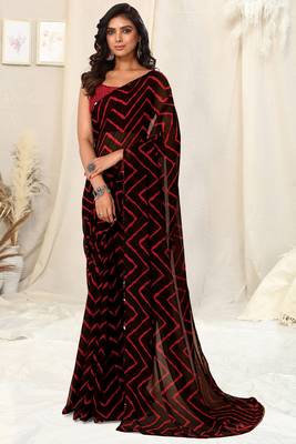 Black Georgette Chevron Print Sequinns Lace Saree With Unstitched Blouse Piece 2