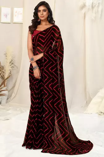 Black Georgette Chevron Print Sequinns Lace Saree With Unstitched Blouse Piece