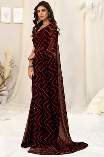 Black Georgette Chevron Print Sequinns Lace Saree With Unstitched Blouse Piece
