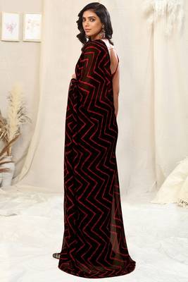 Black Georgette Chevron Print Sequinns Lace Saree With Unstitched Blouse Piece 4
