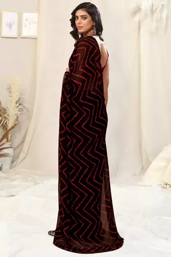 Black Georgette Chevron Print Sequinns Lace Saree With Unstitched Blouse Piece