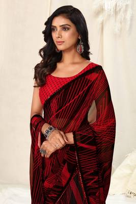 Black Georgette Geometric Print Sequinns Lace Saree With Unstitched Blouse Piece 1