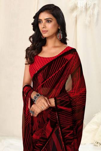 Black Georgette Geometric Print Sequinns Lace Saree With Unstitched Blouse Piece