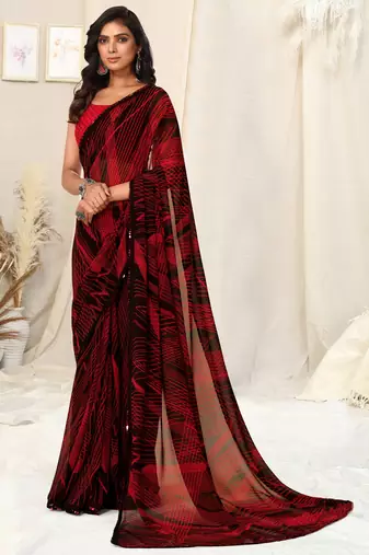 Black Georgette Geometric Print Sequinns Lace Saree With Unstitched Blouse Piece