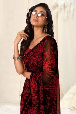 Black Georgette Floral Print Sequinns Lace Saree With Unstitched Blouse Piece 1