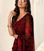 Black Georgette Floral Print Sequinns Lace Saree With Unstitched Blouse Piece