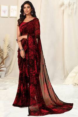 Black Georgette Floral Print Sequinns Lace Saree With Unstitched Blouse Piece 2