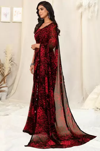 Black Georgette Floral Print Sequinns Lace Saree With Unstitched Blouse Piece