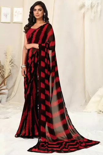 Black Georgette Geometric Print Sequinns Lace Saree With Unstitched Blouse Piece