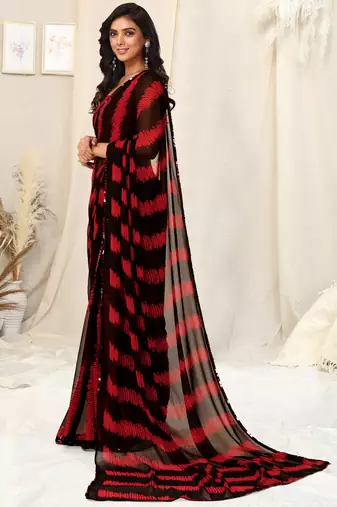 Black Georgette Geometric Print Sequinns Lace Saree With Unstitched Blouse Piece