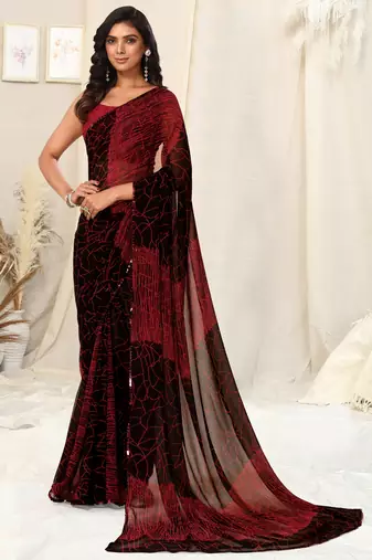 Black Georgette Geometric Print Sequinns Lace Saree With Unstitched Blouse Piece