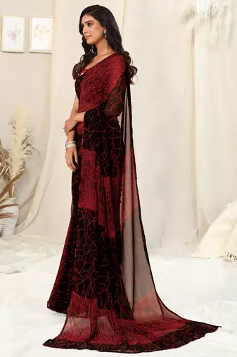 Black Georgette Geometric Print Sequinns Lace Saree With Unstitched Blouse Piece