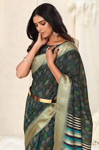 Black Silk Blend Block Print Stripe Tassels Saree With Unstitched Blouse Piece