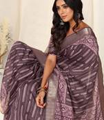Dusty Wine Silk Blend Block Print Patola Print Tassels Saree With Unstitched Blouse Piece