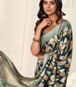 Peocock blue silk blend geometric ajrak print tassels saree with unstitched blouse piece