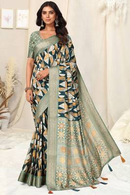 Peocock blue silk blend geometric ajrak print tassels saree with unstitched blouse piece 2