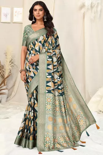 Peocock blue silk blend geometric ajrak print tassels saree with unstitched blouse piece